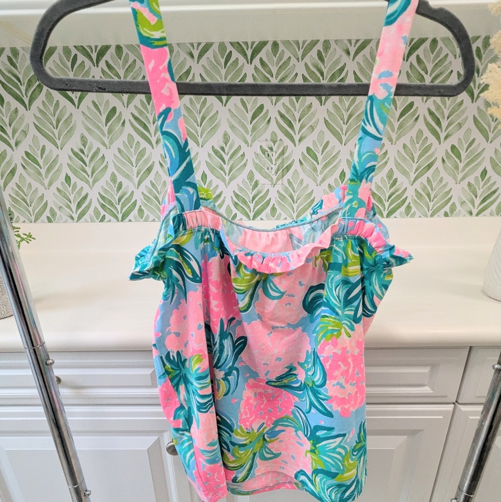 Lilly Pulitzer Pink & Teal Floral Ruffle Tank Top - Picture 4 of 10
